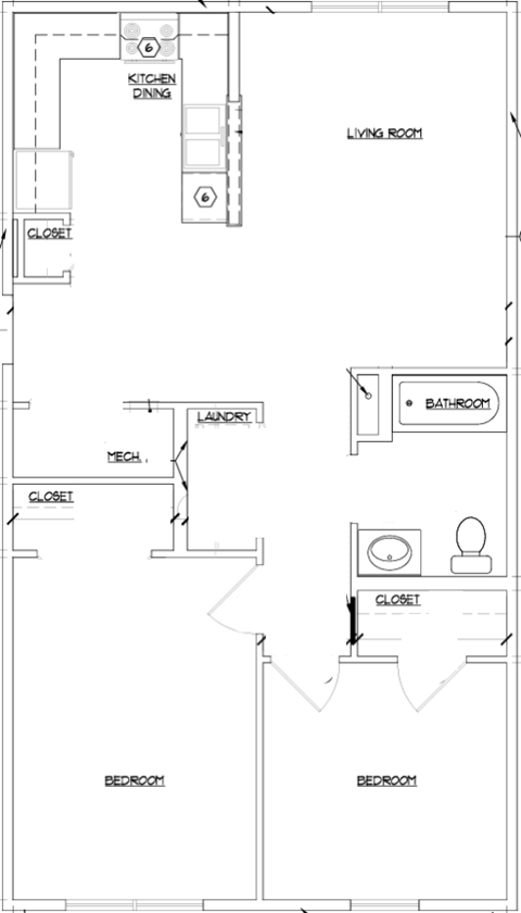 Floor plan for 2 beds, 1 bath, 833 sqft